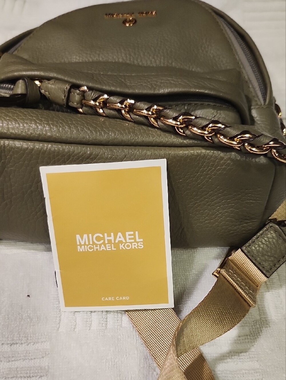 Michael Kors Olive Green Pebbled Leather Mini Backpack with Gold Chain - Picture 10 of 10